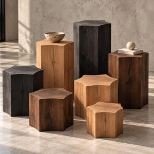 May include: A collection of seven hexagonal wooden stools and pedestals in varying heights and shades of light, medium, and dark brown. The surfaces display natural wood grain patterns. A small stone bowl and a book with a sphere sit on top.
