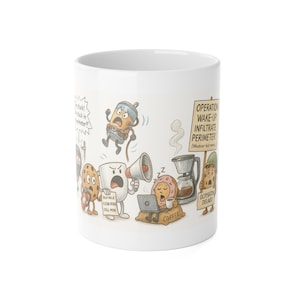 Coffee Mug, Operation Wake-Up Infiltrate the Perimeter - Funny Cartoon Characters - Colored Pencil Style - 11oz, Gift, Office, Kitchen