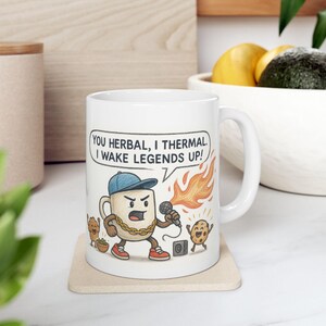Funny Coffee vs Tea Ceramic Mug, 11oz, 15oz - Rap Battle Barista Humor Gift, Cute Cartoon Illustration, Muffin Fan Art - Colored Pencil