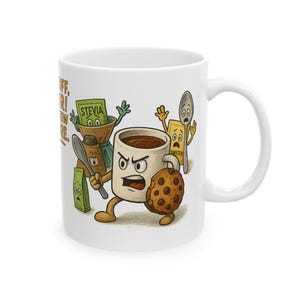 Ceramic Mug with Funny Donut Attack Illustration, Color Pencil Style, Anti-Sugar Humor, Cartoon Mug, Sugar-Free Design