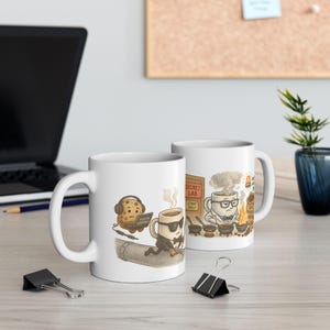 Taza de café, ilustración de dibujos animados de un científico de laboratorio secreto, 325 ml, 433 ml, humor, estilo dibujado a mano, granos tostados, personajes peculiares, diseño de envoltura.