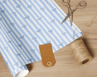 Light Blue Bow Stripe Wrapping Paper • Premium Gift Wrap • Glossy • Birthday, Holiday, Baby Shower Gift Wrap