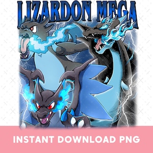May include: Digital graphic featuring three stylized dragon-like creatures with blue flames and lightning effects. The text "LIZARDON MEGA" is at the top in blue. The bottom of the image has the text "INSTANT DOWNLOAD PNG".