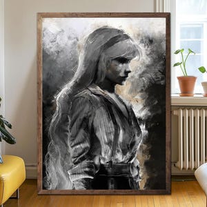 May include: A framed grayscale portrait of a person with long, flowing hair, wearing a button-down shirt and dark pants. The artwork has a painterly style with a dark, textured background and a wooden frame.