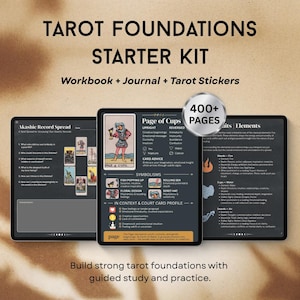May include: A tarot foundations starter kit with a workbook, journal, and tarot stickers. The image shows three tablets displaying tarot card information, including the "Page of Cups" card. The kit includes over 400 pages.