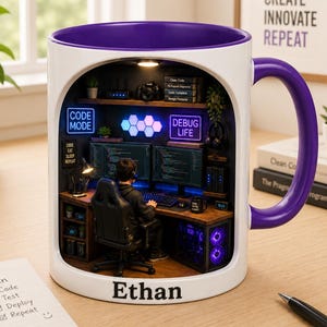 May include: White ceramic mug with a purple interior and handle, featuring a detailed computer setup scene. The mug has the name "Ethan" on the front and the words "Code, Create, Innovate, Repeat" on a framed print.
