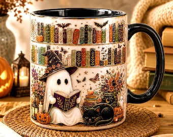 Ghost Reading Book Stained-Glass Style Mug, Cute Bookish Ghost Mug, Bookshelf Library Pottery, Spooky Librarian Mug, Ghost Reading Mug