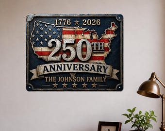 America 250th Anniversary Metal Sign: Custom Family Name Sign, USA Flag Map Wall Decor, Patriotic Wall Art, 4th of July Gift, 250 Home Decor