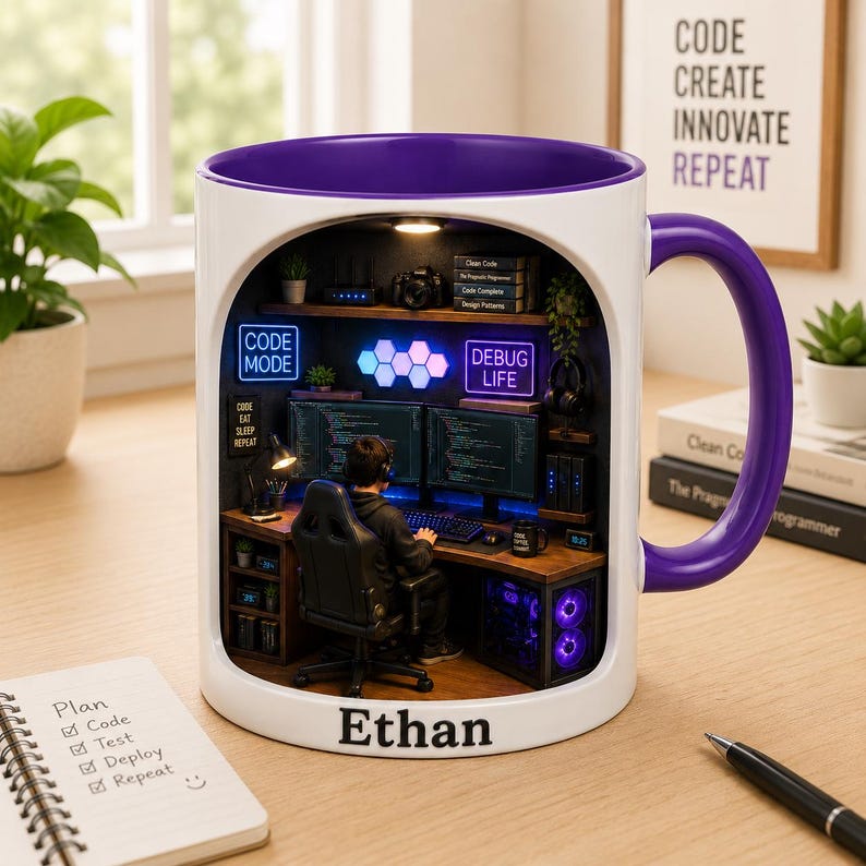 May include: White ceramic mug with a purple interior and handle, depicting a computer setup scene. The mug has the name "Ethan" on the front and the words "Code, Create, Innovate, Repeat" on a framed print.
