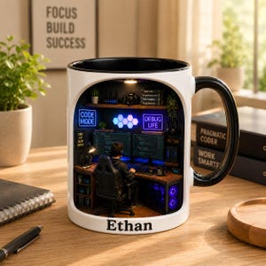 May include: White coffee mug with a black interior and handle, featuring a 3D design of a computer setup. The mug has the name "Ethan" printed on it, and the words "CODE MODE" and "DEBUG LIFE" are visible.