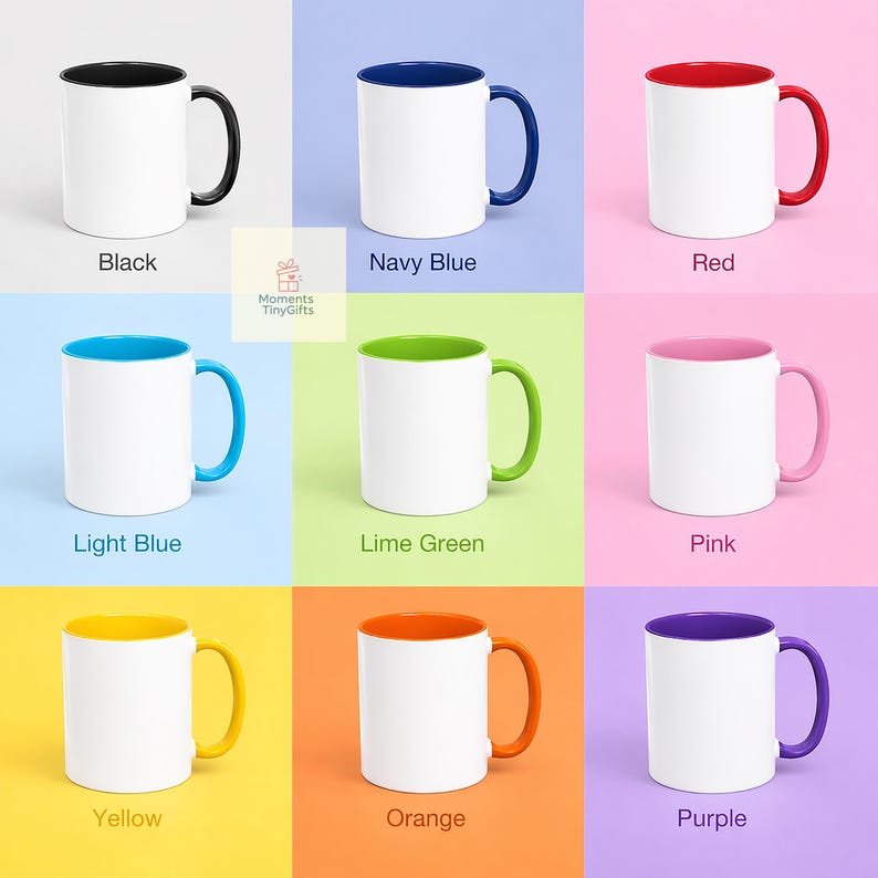 May include: Nine white ceramic mugs with coloured interiors and handles are displayed. The mugs come in black, navy blue, red, light blue, lime green, pink, yellow, orange, and purple. The mugs are set against a colourful background.