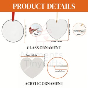 May include: Product details for glass and acrylic ornaments. The glass ornaments are round and heart-shaped, with dimensions of 7.8 x 7.8 cm and 8.07 cm respectively, and a thickness of 6mm. The acrylic heart ornament is 9cm and 3mm thick.