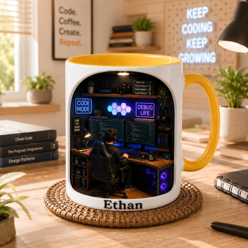 May include: White and yellow coffee mug featuring a coding scene with the name "Ethan". The mug has the words "Code, Coffee, Create, Repeat" and "Keep Coding Keep Growing" on the background. The mug has a yellow handle and interior.