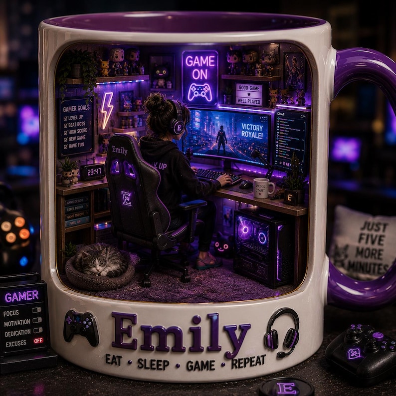 May include: A white mug with a purple interior and handle, featuring a gamer-themed design. The mug shows a miniature gaming setup with a person at a computer, a cat, and the name "Emily". Text includes "Eat, Sleep, Game, Repeat".