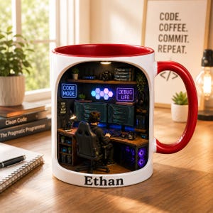 May include: A white mug with a red interior and handle, depicting a miniature coding scene inside. The mug has the name "Ethan" on the base and the words "CODE. COFFEE. COMMIT. REPEAT." on a framed print. The mug is a unique gift.