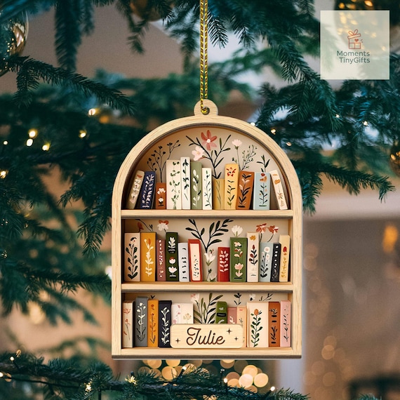 Christmas Bookshelf Ornament Custom, Christmas Tree Book Gift, Floral Book Lover Gifts, Book Ornament, Bookish Ornament, Book Exchange Gifts