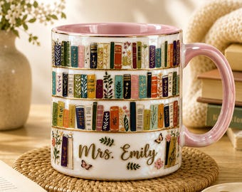 Personalized Stained-Glass Floral Bookish Mug, Bookshelf Library Pottery Mug, Librarian Mug, Floral Reading Cup, Bookish Gift for Reader