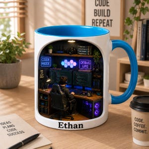 May include: White ceramic mug with a blue interior and handle, featuring a detailed 3D design of a computer setup. The design includes a person at a desk, dual monitors, and the name "Ethan". Text includes "Code Mode" and "Debug Life".
