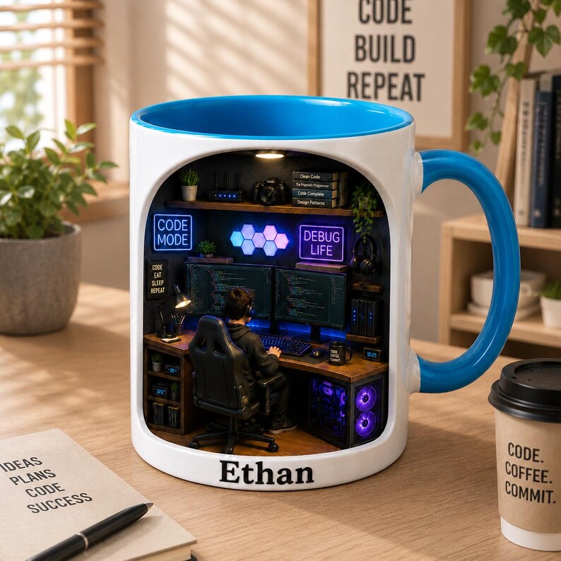 May include: White ceramic mug with a blue interior and handle, featuring a detailed 3D design of a computer setup. The design includes a person at a desk, dual monitors, and the name "Ethan". Text includes "Code Mode" and "Debug Life".