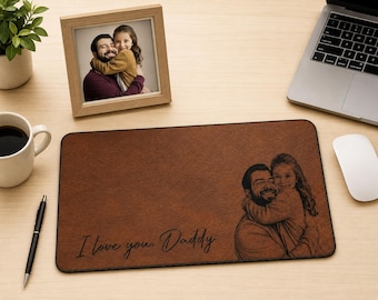 Custom Dad Photo Sketch Line Art Desk Mat, Personalized Photo Father's Day Gift For Husband, Dad Picture Desk Pad Mouse Mat, Birthday Gift
