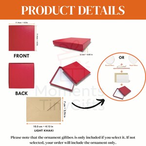 May include: Image detailing a red gift box, 11.4cm square and 2.1cm thick, with a white interior. A light khaki envelope, 10.5cm wide and 7cm tall, is also shown. The text reads "Product Details". The image also shows options for round or heart-shaped glass.