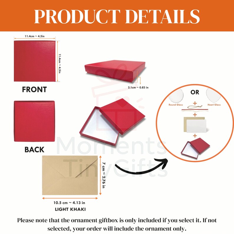 May include: Image detailing a red gift box, 11.4cm square and 2.1cm thick, with a white interior. A light khaki envelope, 10.5cm wide and 7cm tall, is also shown. The text reads "Product Details". The image also shows options for round or heart-shaped glass.