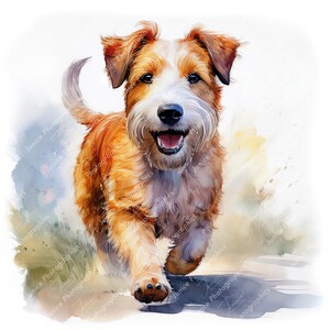 May include: Watercolor painting of a happy, running dog with a light brown and white coat. The dog is smiling with its tongue out. The image has a soft, artistic style with the text "Junice Photographics" in the corners.
