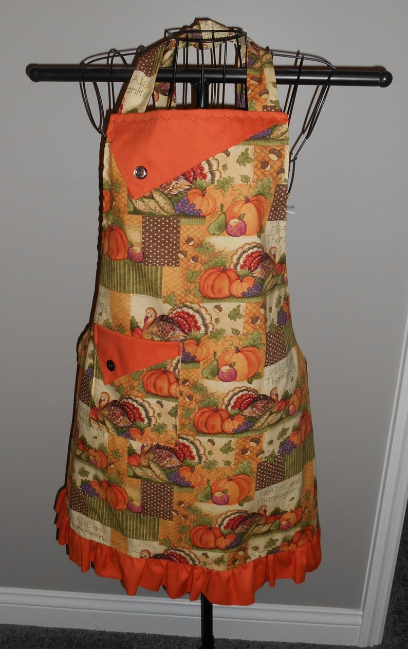 ruffle polka dots Praise Thanksgiving pocket pumpkins gourds Women/'s Apron turkeys