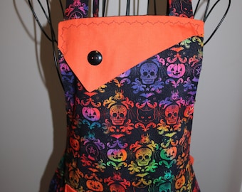 Brightly Colored Halloween Skulls, Pumpkins, Spiderwebs and Cats - Women's Apron - pocket - ruffle - spooky - spiders - trick or treat