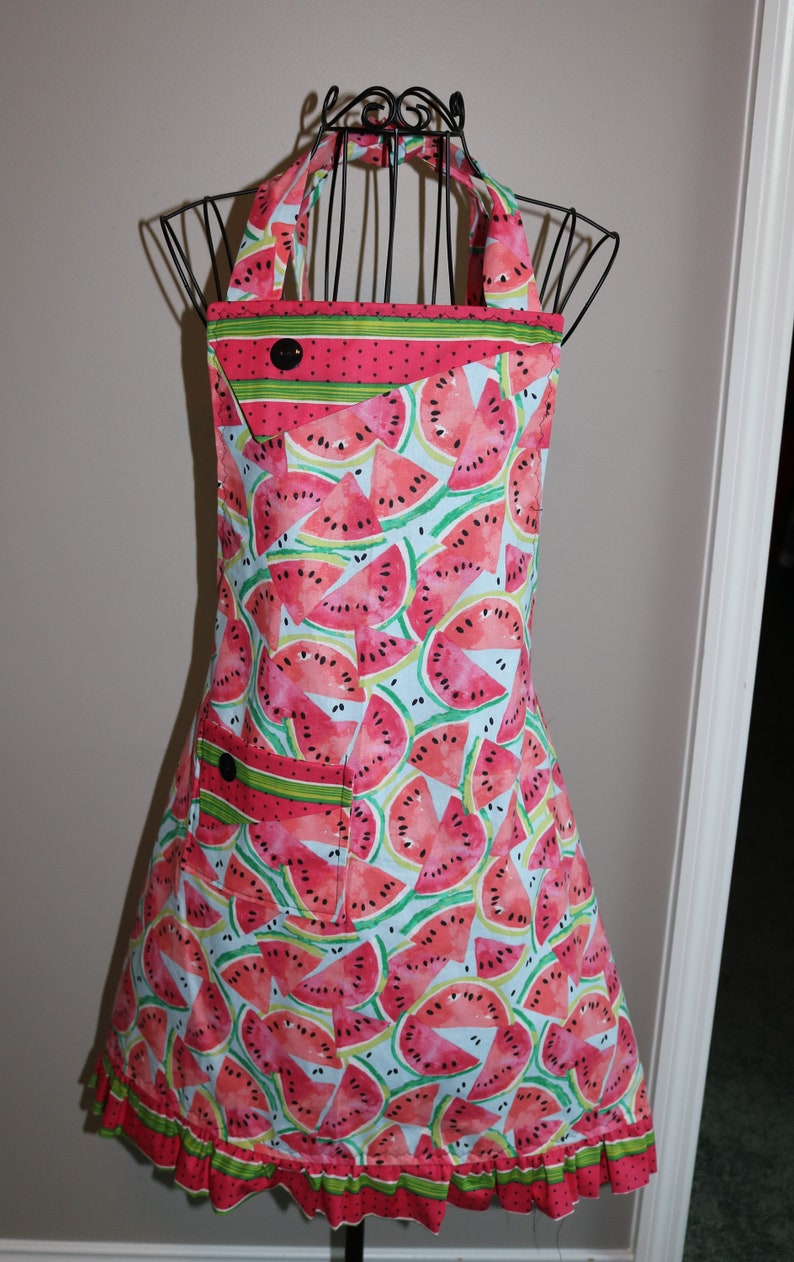 Adjustable Grey-Strap Apron with Hand-Embroidered Watermelon Design and Spoon in Cumon Color
