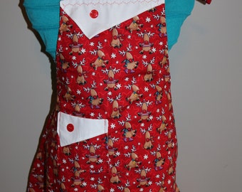 Reindeer Heads - Girl's Apron - pocket -ruffle - Christmas