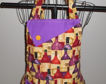 Purple and Gold Wine Bottles - Women's Apron - Ruffle - Pocket - Wino - Drink