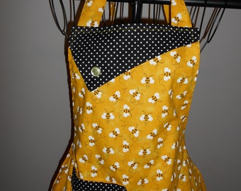 Bees - Women's Apron - pocket - ruffle - polka dots - Honey Bees