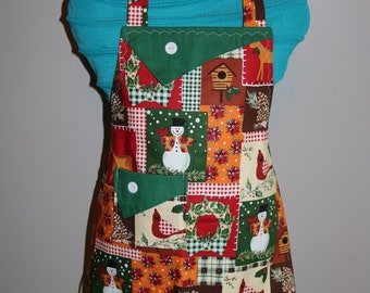 Snowmen and Cardinals - Girl's Apron - pocket -ruffle - Christmas - plaid