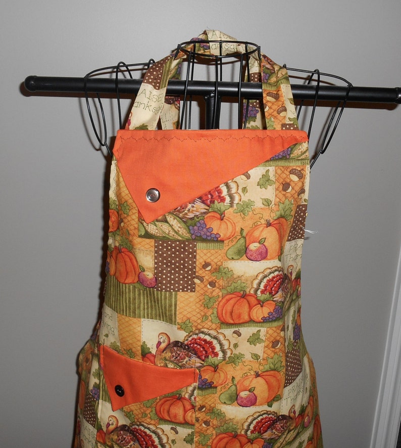 ruffle polka dots Praise Thanksgiving pocket pumpkins gourds Women/'s Apron turkeys
