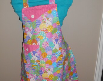 Glittery Easter Bunny and Easter Eggs - Girl's Apron - pocket - ruffle - religious - Easter
