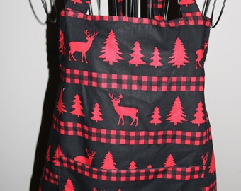 Reindeer Plaid Flannel Look Stripes - Unisex Apron - pocket - Christmas - winter - Christmas trees - plaid