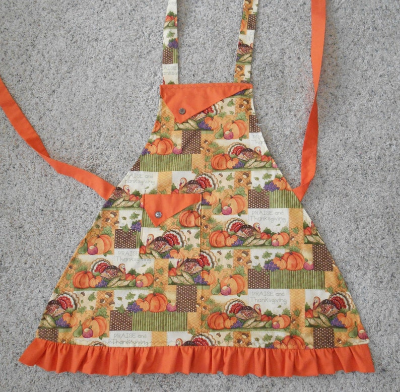 ruffle polka dots Praise Thanksgiving pocket pumpkins gourds Women/'s Apron turkeys