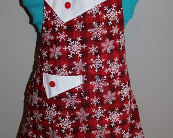 Snowflakes on Plaid - Girl's Apron - pocket - ruffle - winter - Christmas