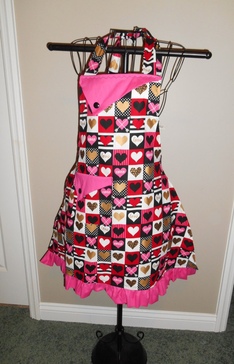 Gold Heart Squares Women's Apron pocket ruffle love stripes image 2