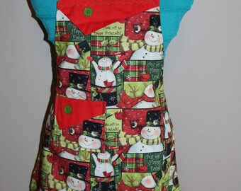 Hats Off Snowmen - Girl's Apron - pocket -ruffle - Christmas - friends