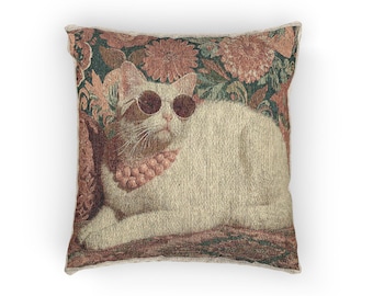 oreiller tissé en tapisserie vintage | Chat fleuri avec lunettes de soleil