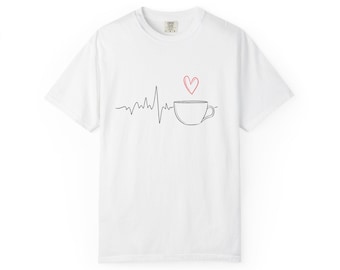 t-shirt de battement de coeur de café | T-shirt avec dessin au trait coeur tasse à café
