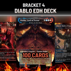 May include: Three Magic: The Gathering cards from the "Diablo EDH Deck" set. The cards feature demonic artwork and text, including "Diablo, Lord of Terror" and "100 CARDS". The background is a fiery orange.