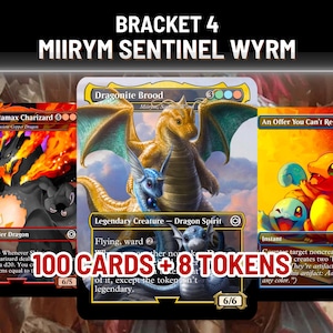 May include: A collection of three trading cards titled BRACKET 4 MIIRYM SENTINEL WYRM, featuring Shiny Gigantamax Charizard, Dragonite Brood, and An Offer You Can't Refuse. The set includes 100 cards and 8 tokens with vibrant illustrations of dragons and creatures.