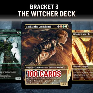 May include: The Witcher Deck trading cards featuring three fantasy illustrations. The cards include a green creature, a woman with fiery hair, and a golden dragon. The text on the cards includes "Ancient Leshen", "Saskia the Unyielding", and "Villentretenmerth". The deck contains 100 cards.