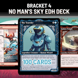 May include: Three Magic: The Gathering cards from the "No Man's Sky EDH Deck" set. The cards are "The Great Work", "The Traveler", and "Sunken Temple". The Traveler card features a blue-armored figure. The text "100 CARDS" is visible.