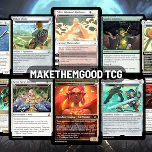 May include: A collection of ten Magic: The Gathering trading cards featuring artwork of characters and items from the Legend of Zelda series. The cards have various illustrations and text, with the text "MAKETHEMGOOD TCG" in the center.