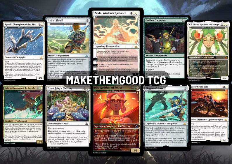 May include: A collection of ten Magic: The Gathering trading cards featuring artwork of characters and items from the Legend of Zelda series. The cards have various illustrations and text, with the text "MAKETHEMGOOD TCG" in the center.