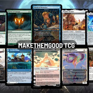May include: A collection of Magic: The Gathering trading cards, featuring various card types like artifacts, sorceries, and creatures. The cards display colorful illustrations and text, with the text "MAKETHEMGOOD TCG" visible.